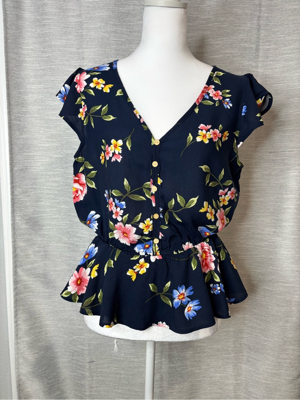 Ambiance Navy Floral V-Neck Peplum Blouse
